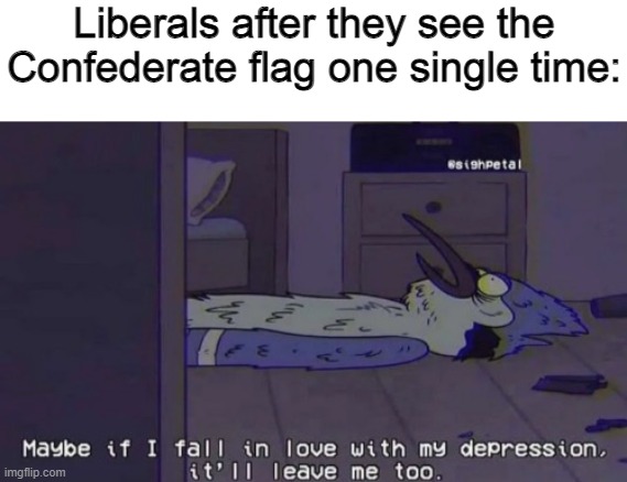 Liberals after they see the Confederate flag one single time: | image tagged in blank white template,maybe if i fall in love with my depression | made w/ Imgflip meme maker