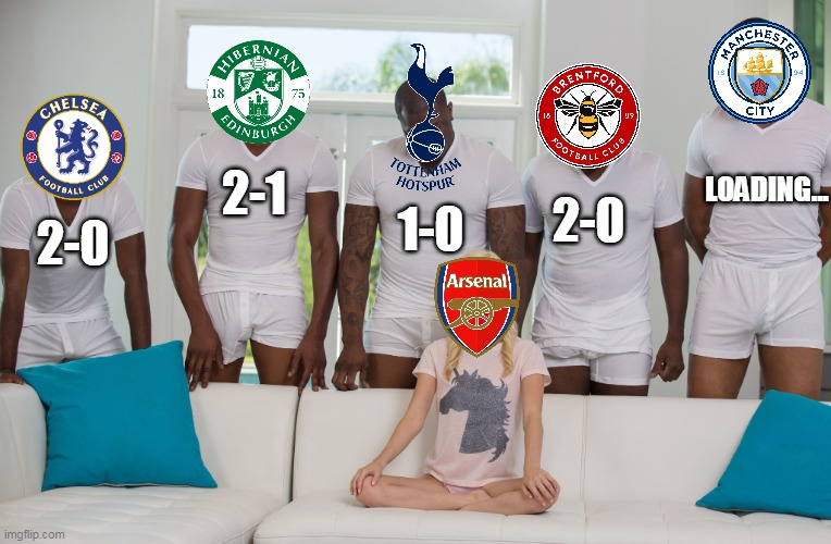 Arsenal being the english joke | 2-0; 2-1; 2-0; LOADING... 1-0 | image tagged in gang bang | made w/ Imgflip meme maker