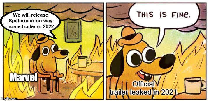 Support radiant_traveler (insta):-) | We will release Spiderman:no way home trailer in 2022; Marvel; Official trailer leaked in 2021 | image tagged in memes,this is fine,lol | made w/ Imgflip meme maker