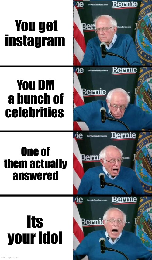 When you get instagram | You get instagram; You DM a bunch of celebrities; One of them actually answered; Its your Idol | image tagged in bernie sanders reaction | made w/ Imgflip meme maker