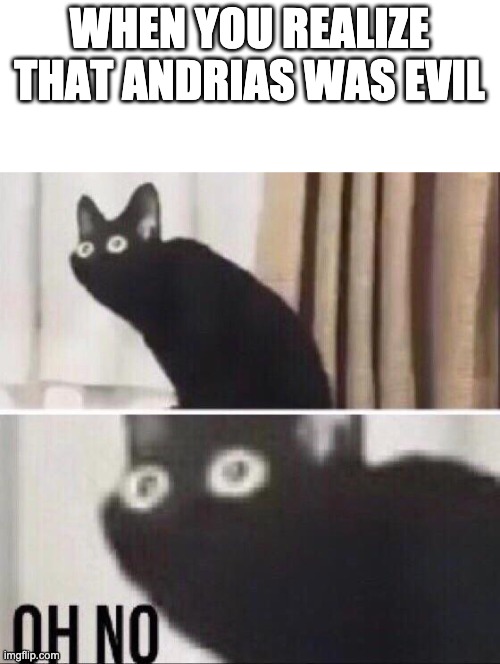 Oh no cat | WHEN YOU REALIZE THAT ANDRIAS WAS EVIL | image tagged in oh no cat | made w/ Imgflip meme maker