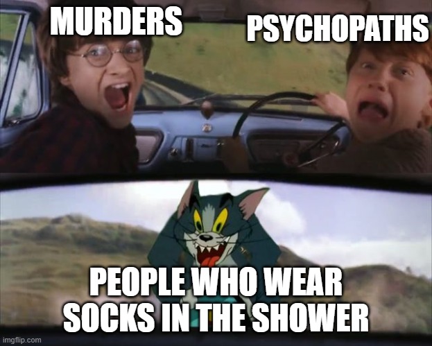tom and harry potter | PSYCHOPATHS; MURDERS; PEOPLE WHO WEAR SOCKS IN THE SHOWER | image tagged in tom and harry potter | made w/ Imgflip meme maker