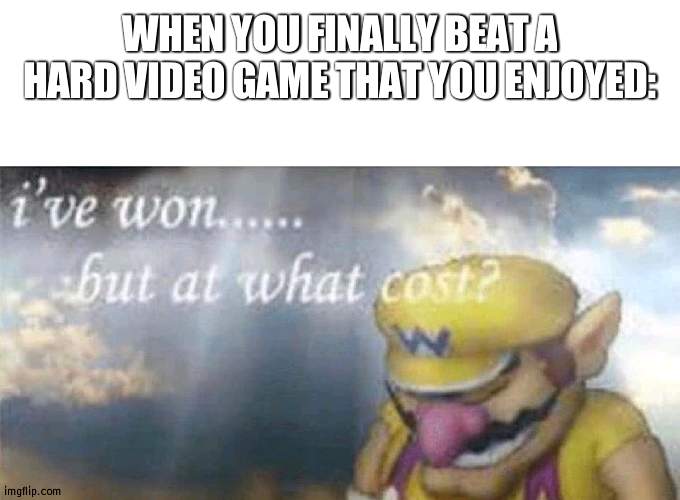 s a d n e s s | WHEN YOU FINALLY BEAT A HARD VIDEO GAME THAT YOU ENJOYED: | image tagged in ive won but at what cost | made w/ Imgflip meme maker