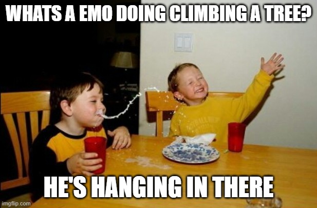 Yo Mamas So Fat | WHATS A EMO DOING CLIMBING A TREE? HE'S HANGING IN THERE | image tagged in memes,yo mamas so fat | made w/ Imgflip meme maker