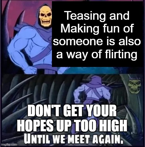 Until we meet again. | Teasing and Making fun of someone is also a way of flirting; DON'T GET YOUR HOPES UP TOO HIGH | image tagged in until we meet again,memes | made w/ Imgflip meme maker