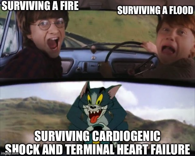 The walking dead live |  SURVIVING A FIRE; SURVIVING A FLOOD; SURVIVING CARDIOGENIC SHOCK AND TERMINAL HEART FAILURE | image tagged in tom and harry potter,fire,flood,survivor,survive,dead | made w/ Imgflip meme maker