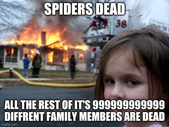 Disaster Girl | SPIDERS DEAD; ALL THE REST OF IT'S 999999999999 DIFFRENT FAMILY MEMBERS ARE DEAD | image tagged in memes,disaster girl | made w/ Imgflip meme maker