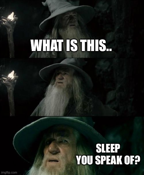 Confused Gandalf Meme | WHAT IS THIS.. SLEEP YOU SPEAK OF? | image tagged in memes,confused gandalf | made w/ Imgflip meme maker