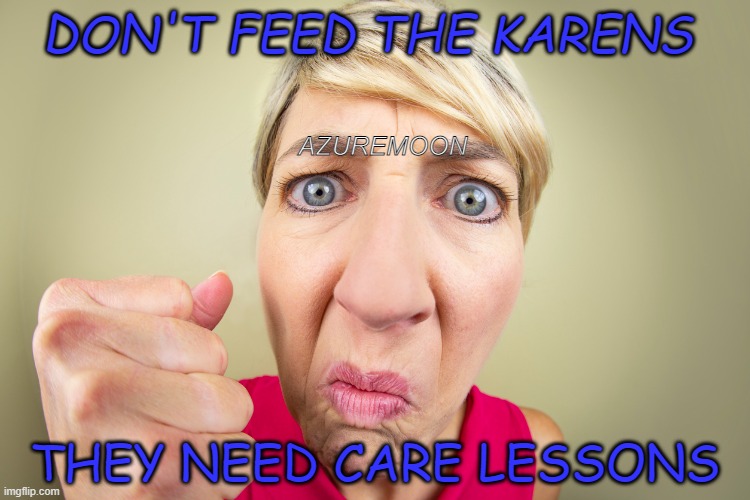 Be Caring, Not A Karen or Careles | DON'T FEED THE KARENS; AZUREMOON; THEY NEED CARE LESSONS | image tagged in karens,omg karen,caring,twins,imposter | made w/ Imgflip meme maker