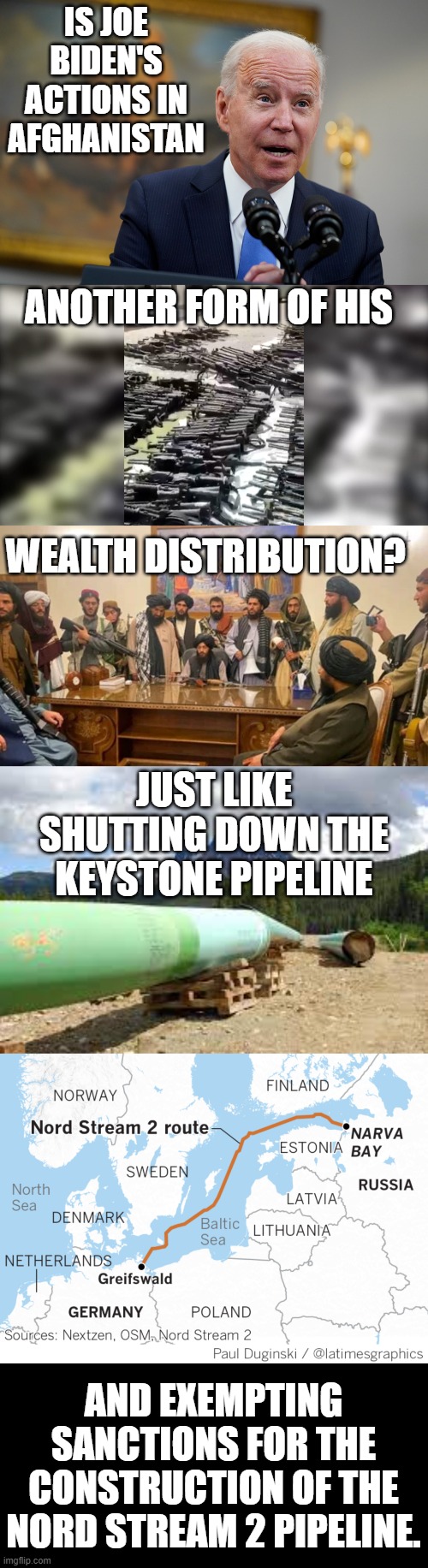 I Have To Ask... | IS JOE BIDEN'S ACTIONS IN AFGHANISTAN; ANOTHER FORM OF HIS; WEALTH DISTRIBUTION? JUST LIKE SHUTTING DOWN THE KEYSTONE PIPELINE; AND EXEMPTING SANCTIONS FOR THE CONSTRUCTION OF THE NORD STREAM 2 PIPELINE. | image tagged in memes,politics,joe biden,wealth,distribution,taliban | made w/ Imgflip meme maker