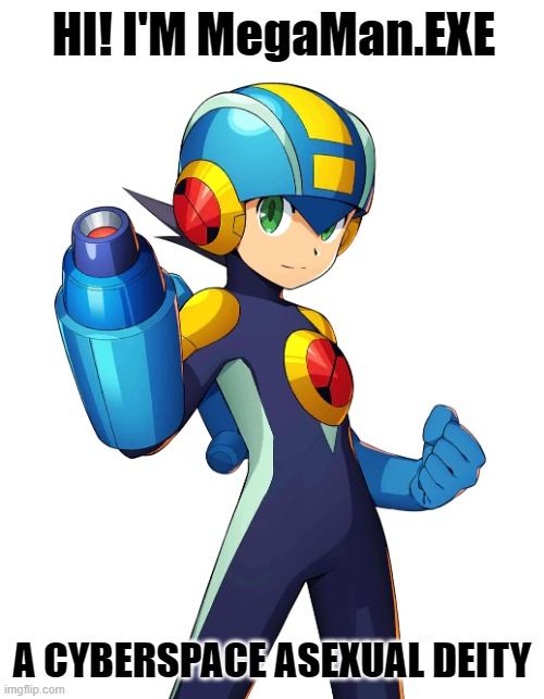 Just like X, Do not question a thing xD | HI! I'M MegaMan.EXE; A CYBERSPACE ASEXUAL DEITY | image tagged in megaman battle network,megaman,memes,lgbtq,ace,deities | made w/ Imgflip meme maker