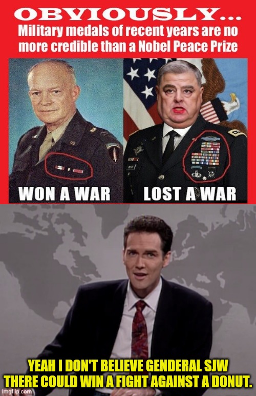 Genderal SJW | YEAH I DON'T BELIEVE GENDERAL SJW THERE COULD WIN A FIGHT AGAINST A DONUT. | image tagged in norm macdonald weekend update,sjw,military | made w/ Imgflip meme maker