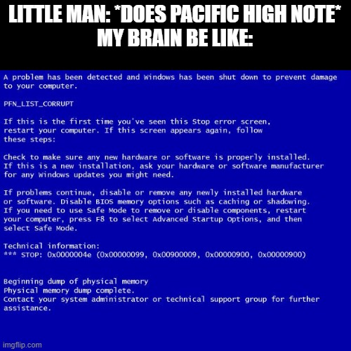 Blue screen of death | LITTLE MAN: *DOES PACIFIC HIGH NOTE*
MY BRAIN BE LIKE: | image tagged in blue screen of death | made w/ Imgflip meme maker