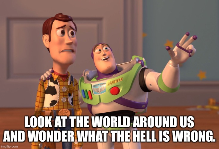 X, X Everywhere Meme | LOOK AT THE WORLD AROUND US AND WONDER WHAT THE HELL IS WRONG. | image tagged in memes,x x everywhere | made w/ Imgflip meme maker