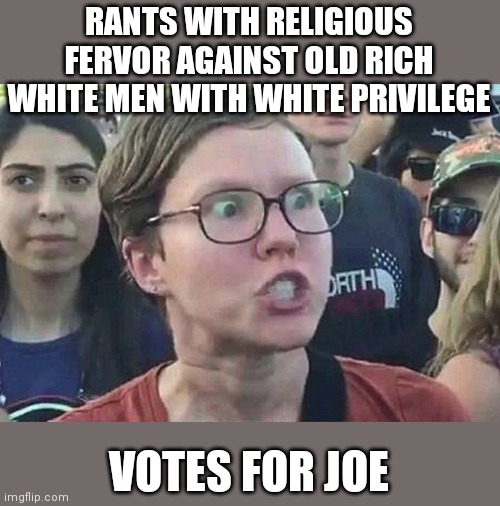 Triggered Liberal | RANTS WITH RELIGIOUS FERVOR AGAINST OLD RICH WHITE MEN WITH WHITE PRIVILEGE; VOTES FOR JOE | image tagged in triggered liberal | made w/ Imgflip meme maker