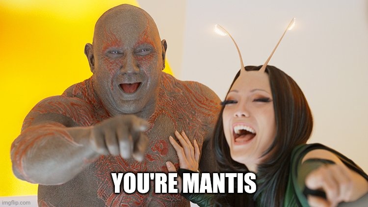 Drax Mantis laughing | YOU'RE MANTIS | image tagged in drax mantis laughing | made w/ Imgflip meme maker