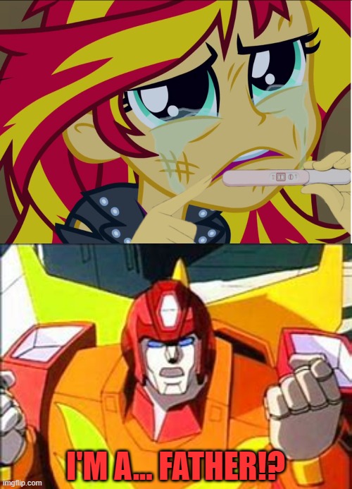 Sunset has a pregnancy test to Rodimus | I'M A... FATHER!? | image tagged in transformers,equestria girls,sunset shimmer | made w/ Imgflip meme maker