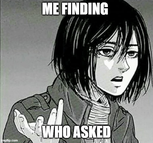 Aot memes | ME FINDING; WHO ASKED | image tagged in aot memes | made w/ Imgflip meme maker