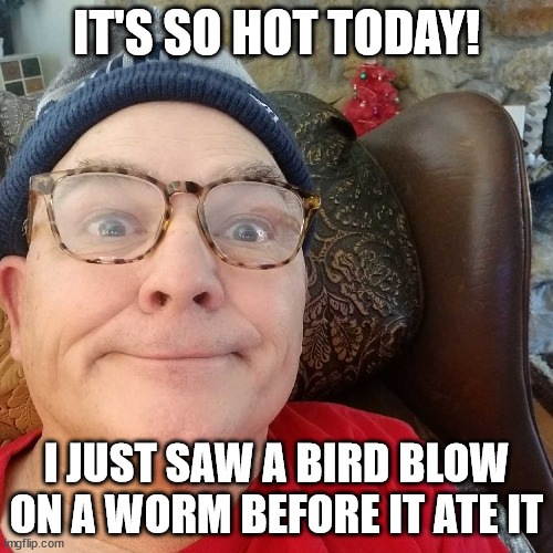 Durl Earl | IT'S SO HOT TODAY! I JUST SAW A BIRD BLOW ON A WORM BEFORE IT ATE IT | image tagged in durl earl | made w/ Imgflip meme maker