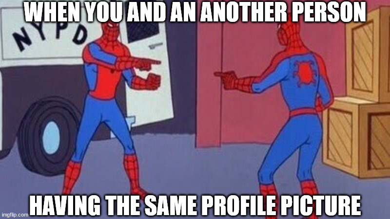 Same profile pictures | WHEN YOU AND AN ANOTHER PERSON; HAVING THE SAME PROFILE PICTURE | image tagged in spiderman pointing at spiderman,profile picture,spiderman | made w/ Imgflip meme maker