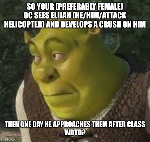 Makak | SO YOUR (PREFERABLY FEMALE) OC SEES ELIJAH (HE/HIM/ATTACK HELICOPTER) AND DEVELOPS A CRUSH ON HIM; THEN ONE DAY HE APPROACHES THEM AFTER CLASS
WDYD? | image tagged in sherk | made w/ Imgflip meme maker