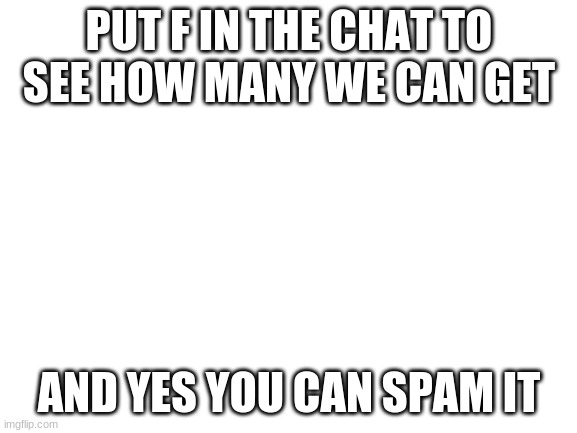 lets see how many it gets | PUT F IN THE CHAT TO SEE HOW MANY WE CAN GET; AND YES YOU CAN SPAM IT | image tagged in blank white template | made w/ Imgflip meme maker
