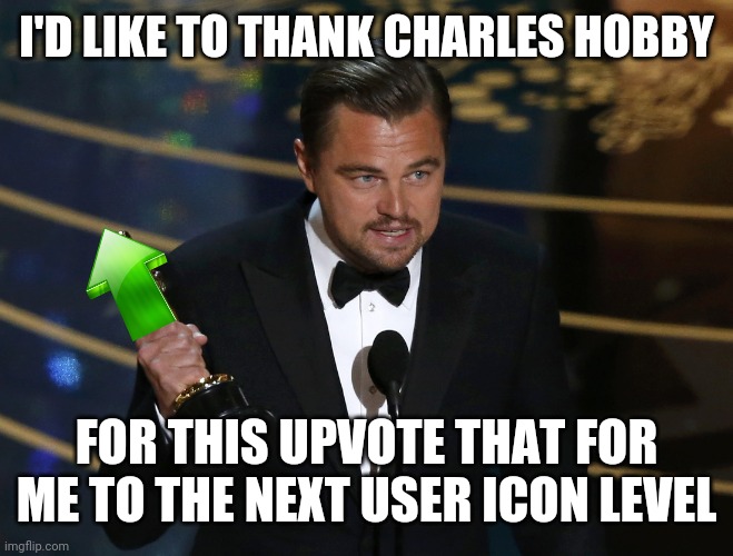 academy award leo | I'D LIKE TO THANK CHARLES HOBBY FOR THIS UPVOTE THAT FOR ME TO THE NEXT USER ICON LEVEL | image tagged in academy award leo | made w/ Imgflip meme maker