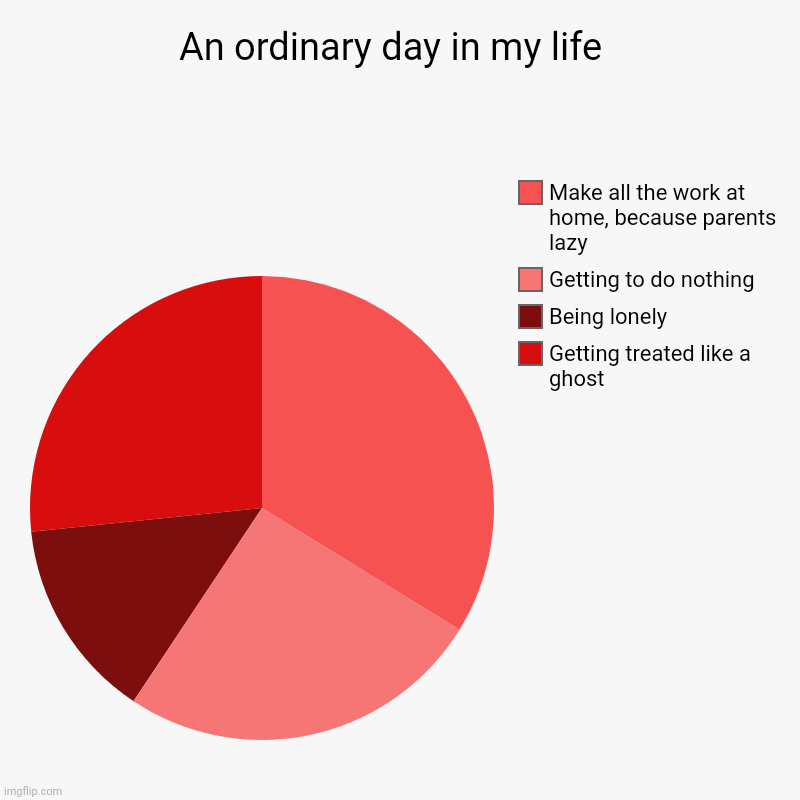 An ordinary day in my life  | Getting treated like a ghost, Being lonely , Getting to do nothing , Make all the work at home, because parent | image tagged in charts,pie charts | made w/ Imgflip chart maker