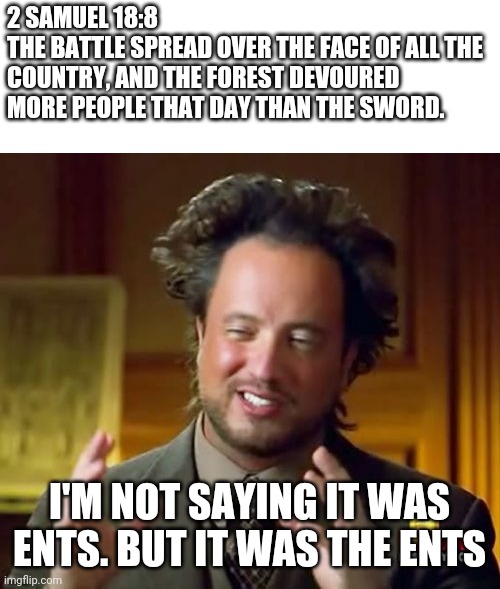 It was the ents | 2 SAMUEL 18:8
THE BATTLE SPREAD OVER THE FACE OF ALL THE COUNTRY, AND THE FOREST DEVOURED MORE PEOPLE THAT DAY THAN THE SWORD. I'M NOT SAYING IT WAS ENTS. BUT IT WAS THE ENTS | image tagged in memes,ancient aliens | made w/ Imgflip meme maker