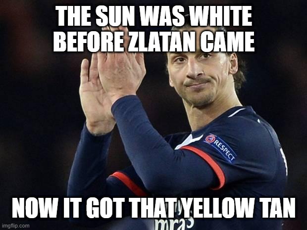 Zlatan not impressed  | THE SUN WAS WHITE BEFORE ZLATAN CAME; NOW IT GOT THAT YELLOW TAN | image tagged in zlatan not impressed | made w/ Imgflip meme maker