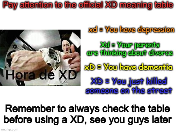 Now you know what every XD means | Pay attention to the official XD meaning table; xd = You have depression; Xd = Your parents are thinking about divorce; xD = You have dementia; XD = You just killed someone on the street; Remember to always check the table before using a XD, see you guys later | image tagged in blank white template,xd,memes | made w/ Imgflip meme maker