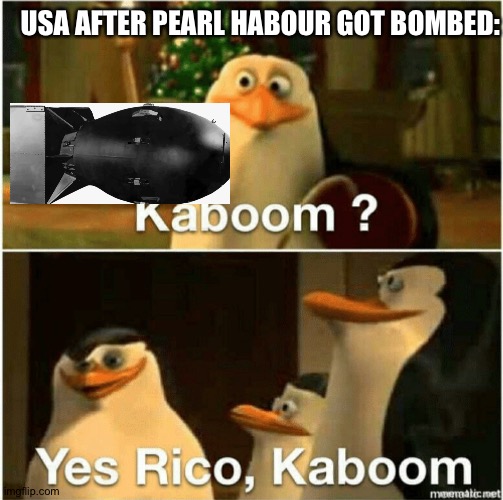 Yup, Thats the USA. | USA AFTER PEARL HABOUR GOT BOMBED: | image tagged in kaboom yes rico kaboom | made w/ Imgflip meme maker