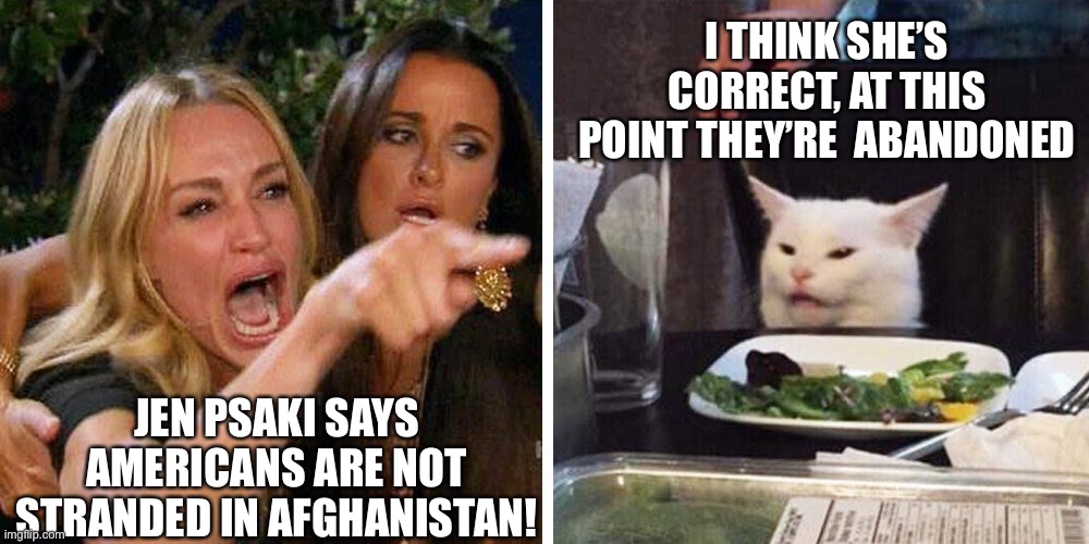 Jen Psaki says Americans are NOT STRANDED in Afghanistan! | I THINK SHE’S CORRECT, AT THIS POINT THEY’RE  ABANDONED; JEN PSAKI SAYS AMERICANS ARE NOT STRANDED IN AFGHANISTAN! | image tagged in smudge the cat,political meme,americans abandoned in afghanistan,jen psaki | made w/ Imgflip meme maker