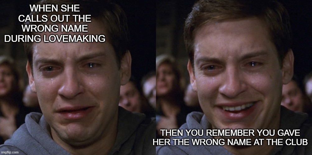 sad peter happy peter | WHEN SHE CALLS OUT THE WRONG NAME DURING LOVEMAKING; THEN YOU REMEMBER YOU GAVE HER THE WRONG NAME AT THE CLUB | image tagged in sad peter happy peter | made w/ Imgflip meme maker