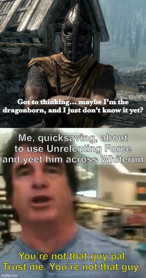 He’s not that guy. | Got to thinking… maybe I’m the dragonborn, and I just don’t know it yet? Me, quicksaving, about to use Unrelenting Force and yeet him across Whiterun; You’re not that guy pal. Trust me. You’re not that guy. | image tagged in skyrim guards be like,you re not that guy pal,skyrim | made w/ Imgflip meme maker