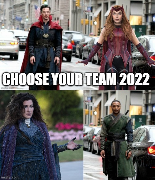 Multiverse of Madness | CHOOSE YOUR TEAM 2022 | image tagged in doctor strange,scarlet witch,agatha,karl mordo | made w/ Imgflip meme maker