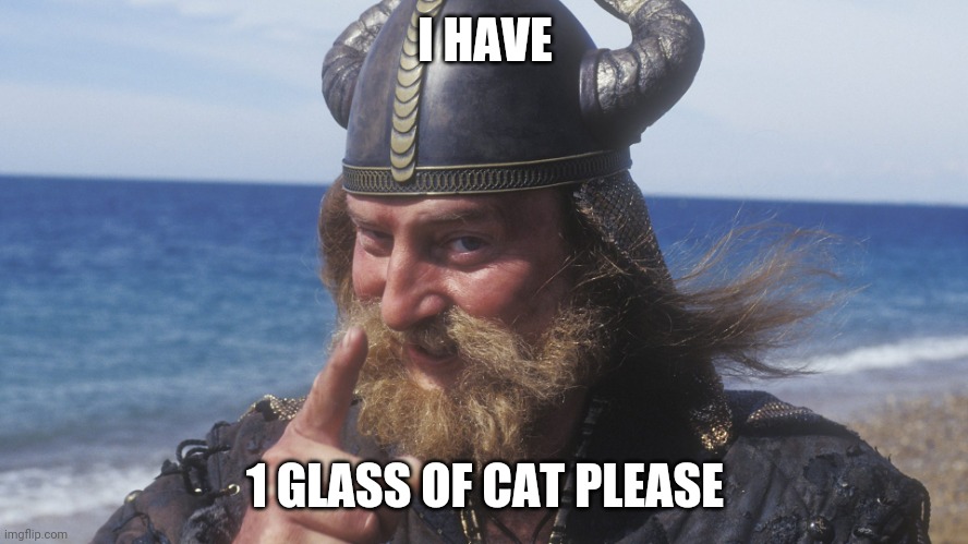 HELL YES VIKING | I HAVE 1 GLASS OF CAT PLEASE | image tagged in hell yes viking | made w/ Imgflip meme maker