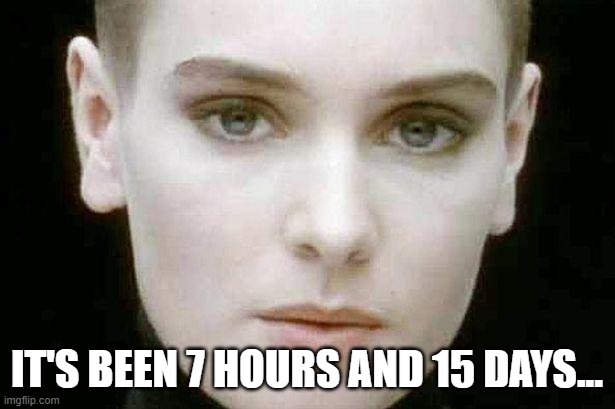 Taking Forever | IT'S BEEN 7 HOURS AND 15 DAYS... | image tagged in sinead o'connor | made w/ Imgflip meme maker