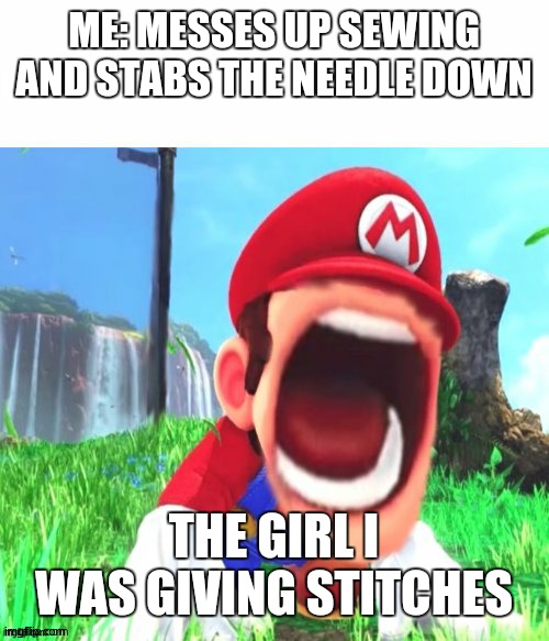 oof | ME: MESSES UP SEWING AND STABS THE NEEDLE DOWN; THE GIRL I WAS GIVING STITCHES | image tagged in mario screaming | made w/ Imgflip meme maker