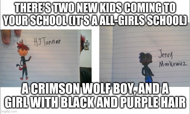 Nothing too sus please. | THERE'S TWO NEW KIDS COMING TO YOUR SCHOOL (IT'S A ALL-GIRLS SCHOOL); A CRIMSON WOLF BOY, AND A GIRL WITH BLACK AND PURPLE HAIR | image tagged in roleplaying,high school | made w/ Imgflip meme maker