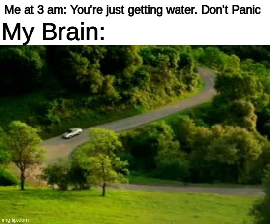 Does this highway look Familiar? Maybe check for a ZOMBIE | My Brain:; Me at 3 am: You're just getting water. Don't Panic | image tagged in nostalgia,cars,memes | made w/ Imgflip meme maker