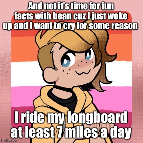 And not it’s time for fun facts with bean cuz I just woke up and I want to cry for some reason; I ride my longboard at least 7 miles a day | image tagged in hey look it s bean | made w/ Imgflip meme maker