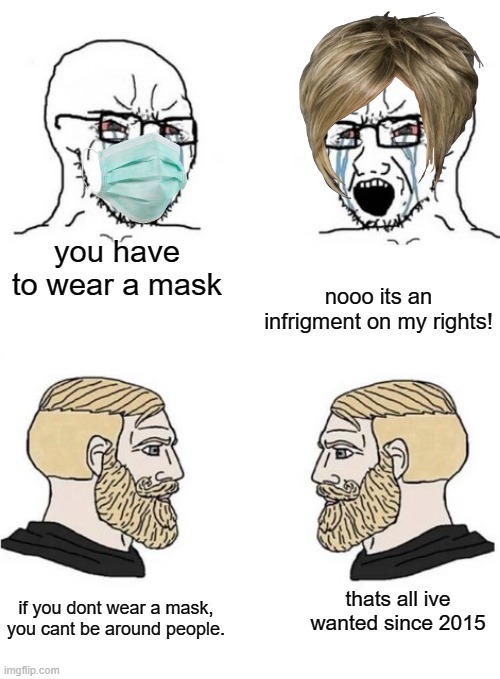 you have to wear a mask; nooo its an infrigment on my rights! if you dont wear a mask, you cant be around people. thats all ive wanted since 2015 | image tagged in chad,mask,wojack | made w/ Imgflip meme maker