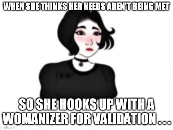 WHEN SHE THINKS HER NEEDS AREN'T BEING MET; SO SHE HOOKS UP WITH A WOMANIZER FOR VALIDATION . . . | image tagged in relationships | made w/ Imgflip meme maker