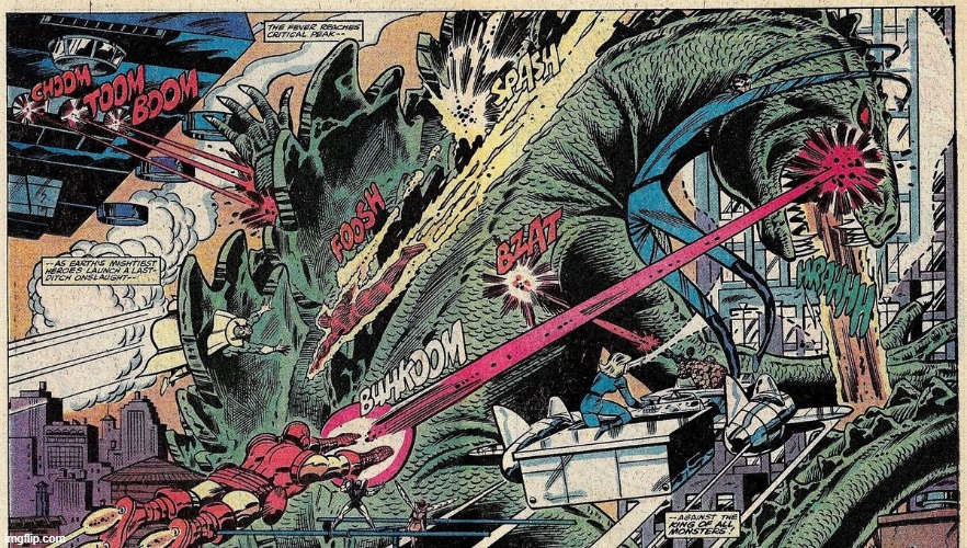 Godzilla vs. Marvel Super Heroes | image tagged in godzilla vs marvel super heroes,comic book | made w/ Imgflip meme maker