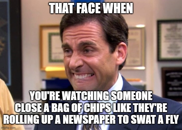 The Crummy Way |  THAT FACE WHEN; YOU'RE WATCHING SOMEONE CLOSE A BAG OF CHIPS LIKE THEY'RE ROLLING UP A NEWSPAPER TO SWAT A FLY | image tagged in cringe worthy,potato chips,funny memes,memes,the office | made w/ Imgflip meme maker