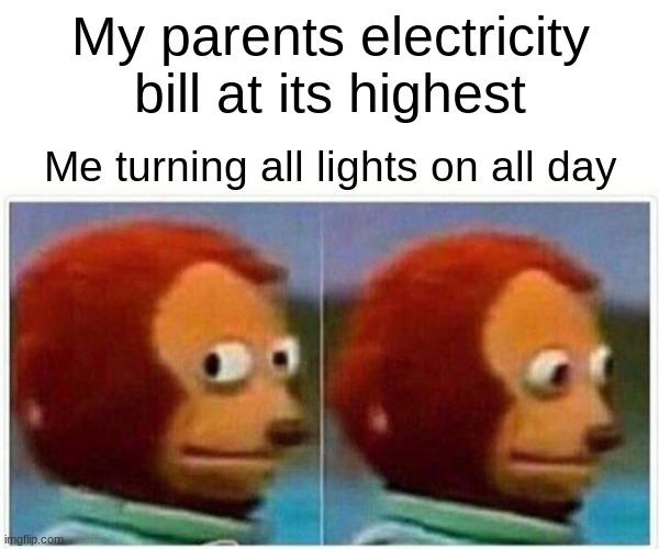 Monkey Puppet Meme |  My parents electricity bill at its highest; Me turning all lights on all day | image tagged in memes,monkey puppet | made w/ Imgflip meme maker