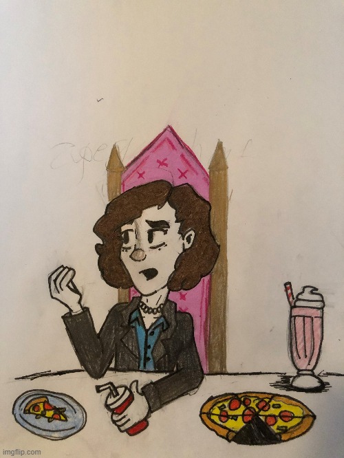 Self portrait | image tagged in lesbian,food,pizza,throne,80s,drawing | made w/ Imgflip meme maker
