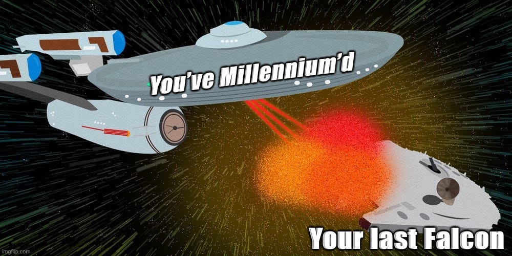 Bye WhiteNat! | You’ve Millennium’d; Your last Falcon | image tagged in enterprise destroys millennium falcon | made w/ Imgflip meme maker
