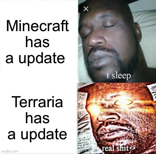 Sleeping Shaq | Minecraft has a update; Terraria has a update | image tagged in memes,sleeping shaq | made w/ Imgflip meme maker